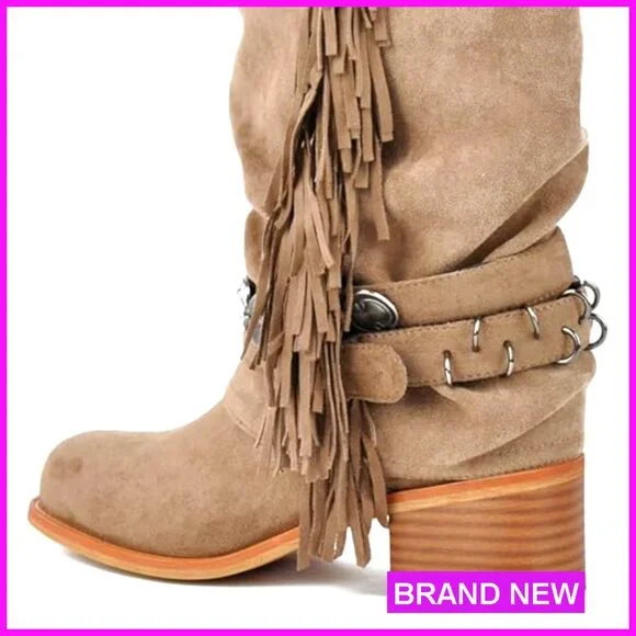 Knee High Riding Boots Fringe Buckle Straps Chunky Heel Square Toe Fold Over